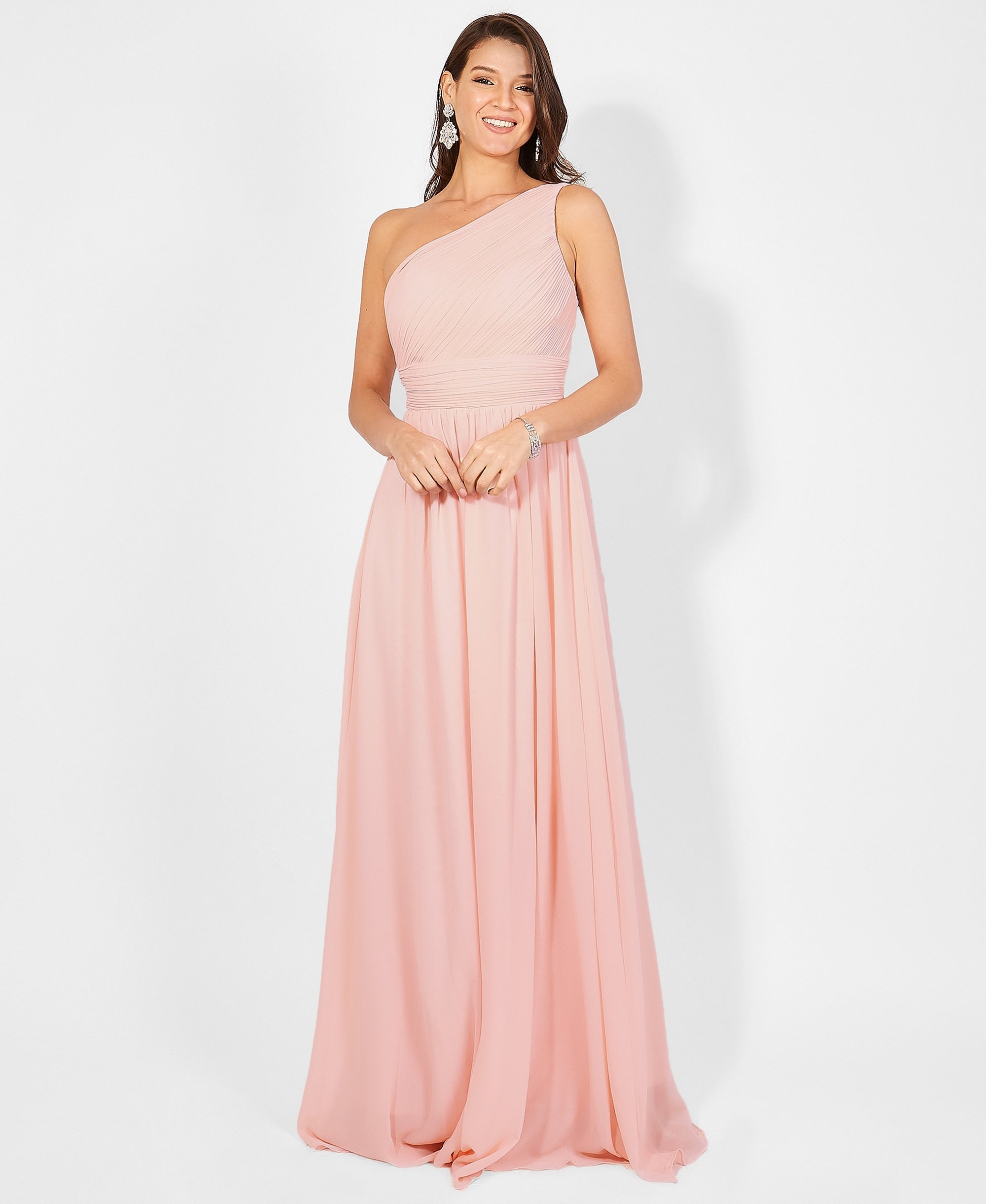 One Shoulder Chiffon Maxi Bridesmaid Dress Pink – Krisp