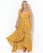 Slit Front Floral Maxi Dress Mustard