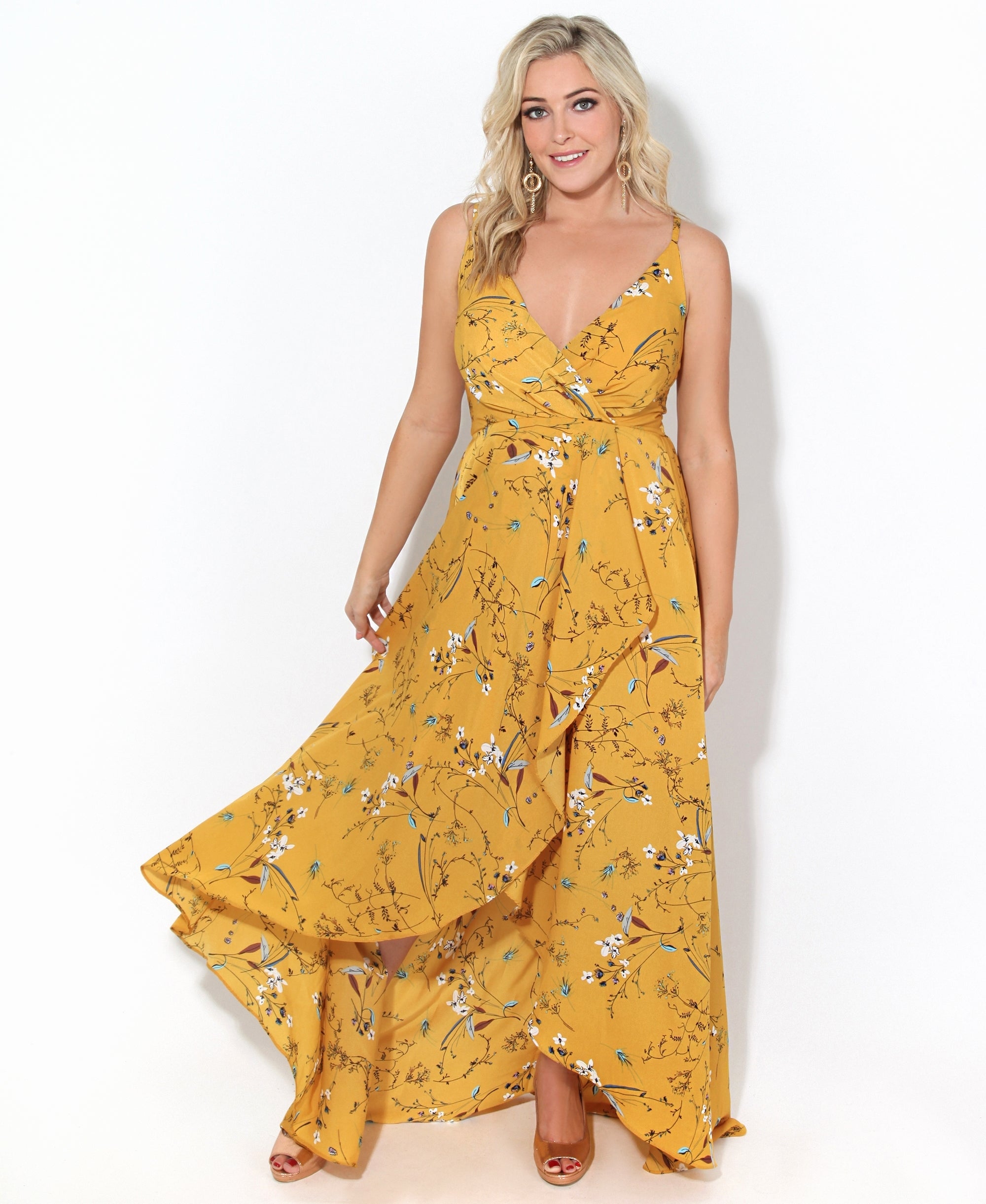 Slit Front Floral Maxi Dress Mustard