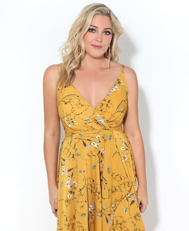 Slit Front Floral Maxi Dress Mustard