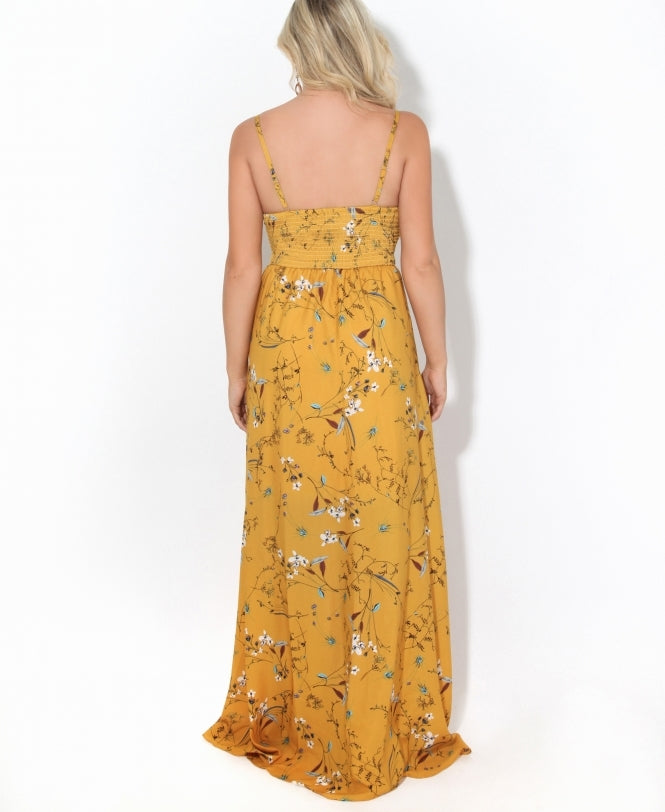 Slit Front Floral Maxi Dress Mustard