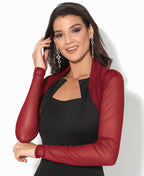 Ruched Long Sleeve Mesh Shrug Wine