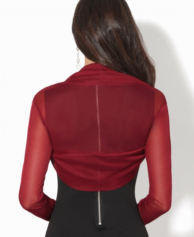 Ruched Long Sleeve Mesh Shrug Wine