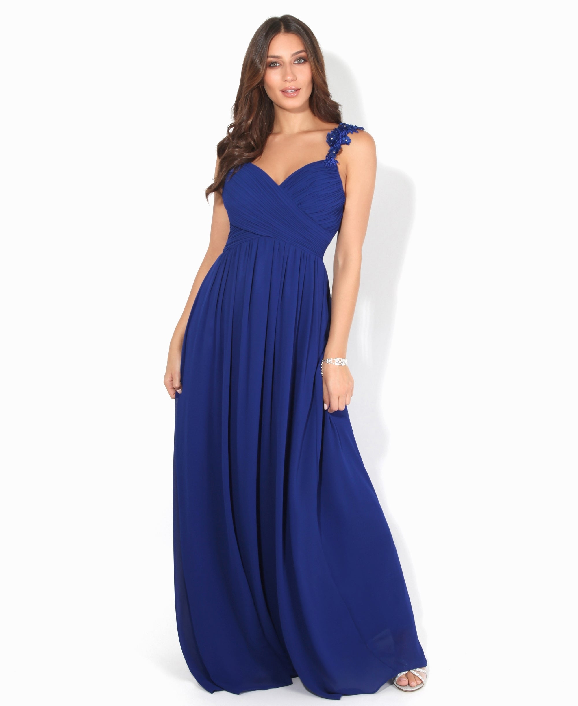 Flower Shoulder Chiffon Maxi Dress Royal Blue
