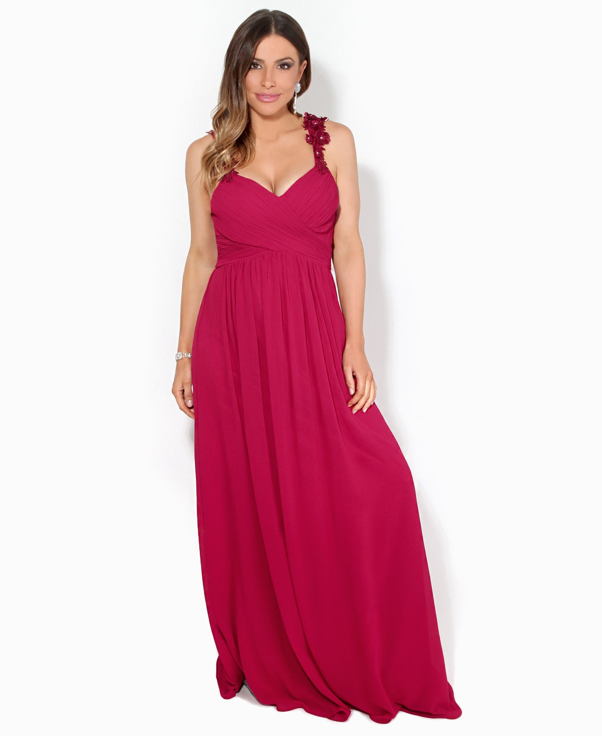 Flower Shoulder Chiffon Maxi Dress Dark Red