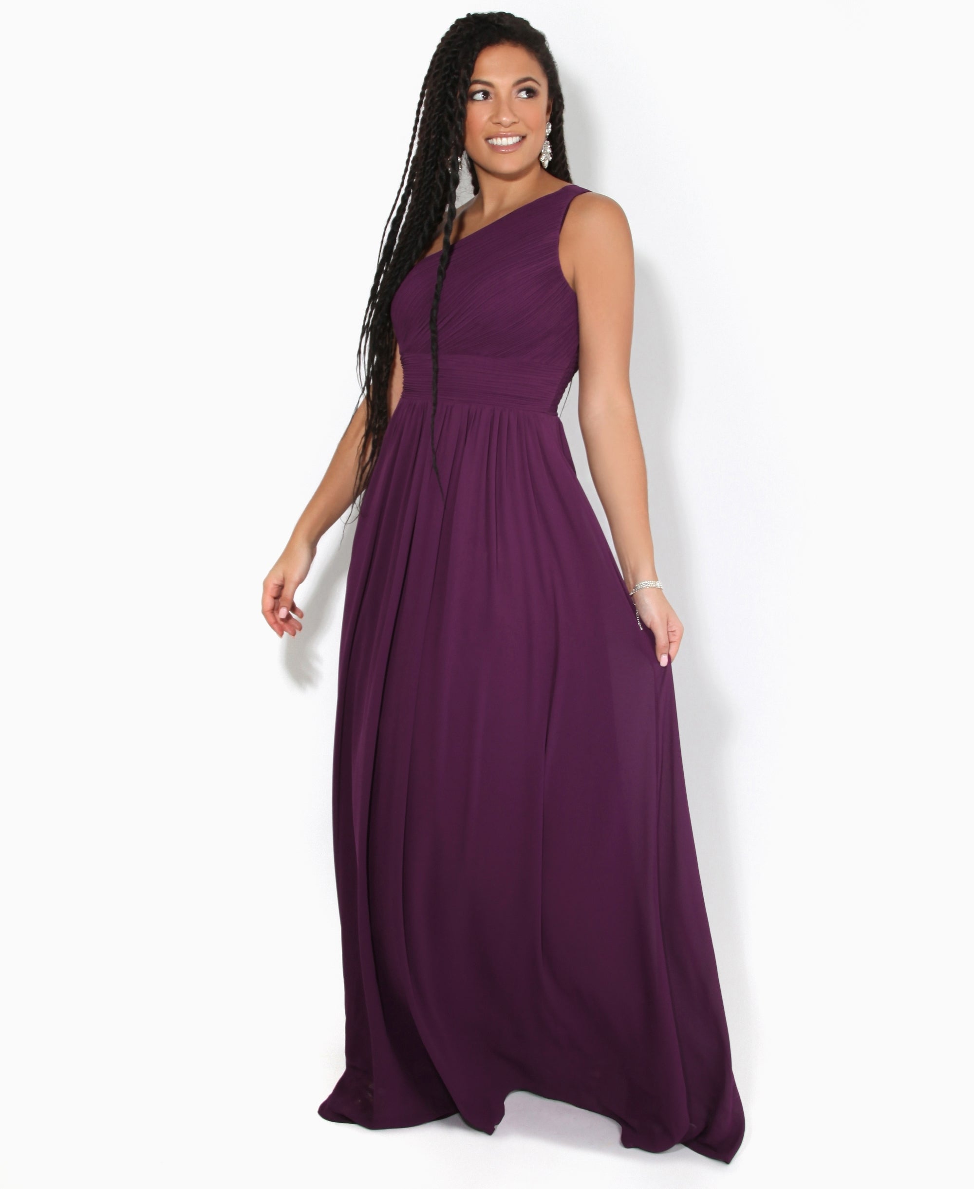 One Shoulder Chiffon Maxi Bridesmaid Dress Aubergine