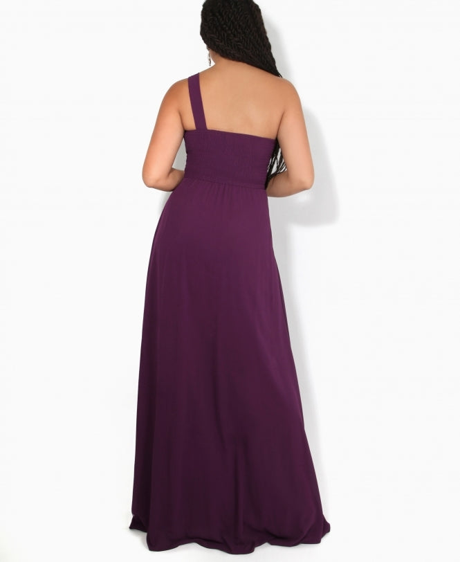 One Shoulder Chiffon Maxi Bridesmaid Dress Aubergine