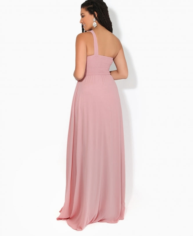One Shoulder Chiffon Maxi Bridesmaid Dress Dark Pink