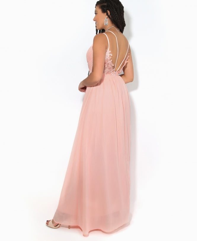 Strappy Crochet Back Chiffon Maxi Dress Pink