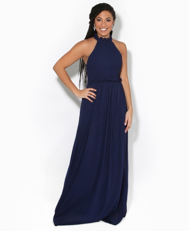 Ruffle Halter Neck Chiffon Maxi Dress Navy