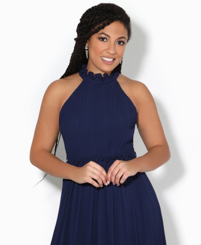 Ruffle Halter Neck Chiffon Maxi Dress Navy