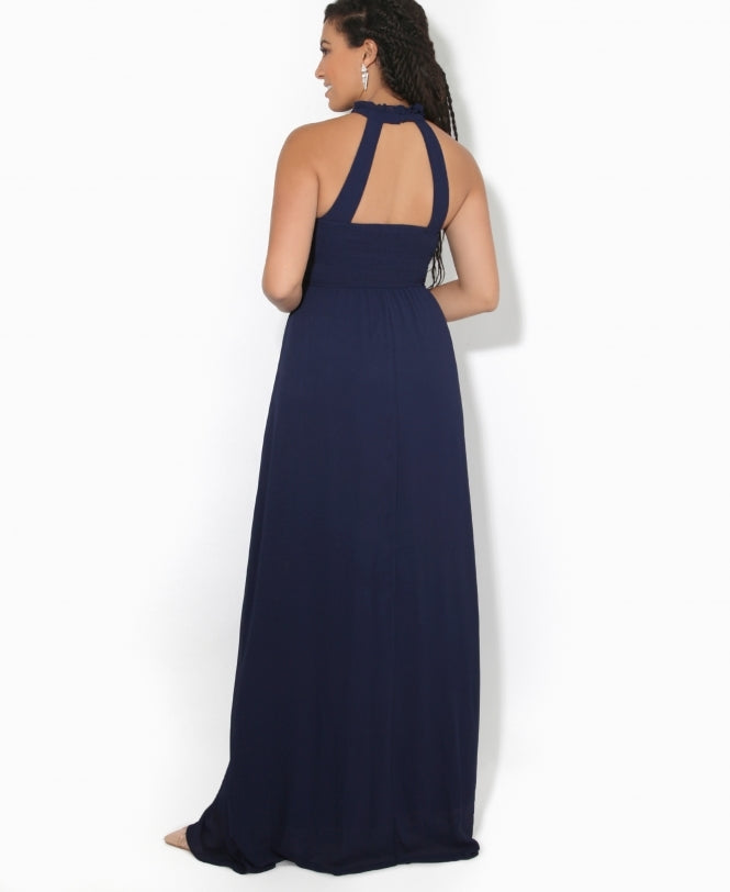 Ruffle Halter Neck Chiffon Maxi Dress Navy