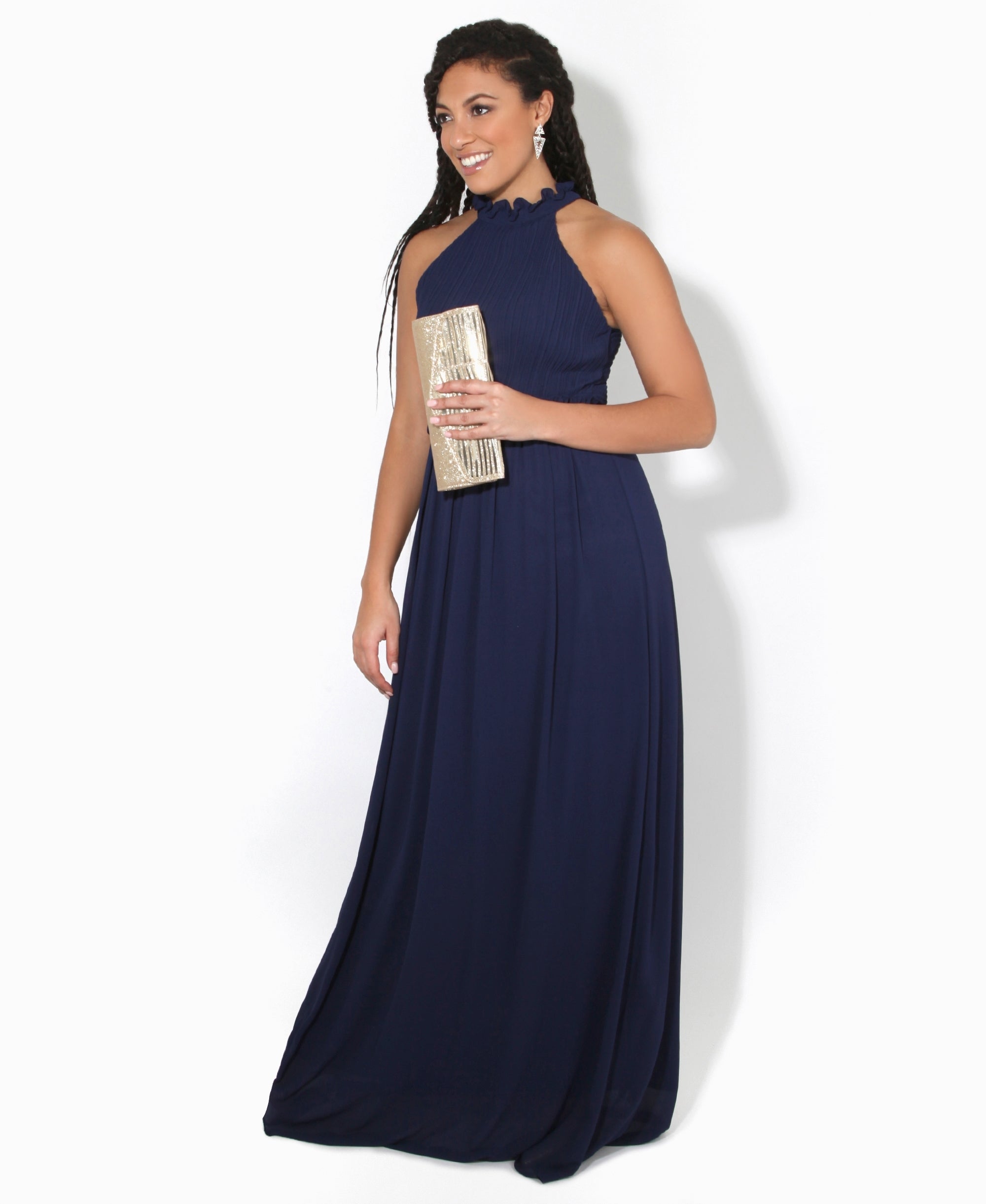 Ruffle Halter Neck Chiffon Maxi Dress Navy