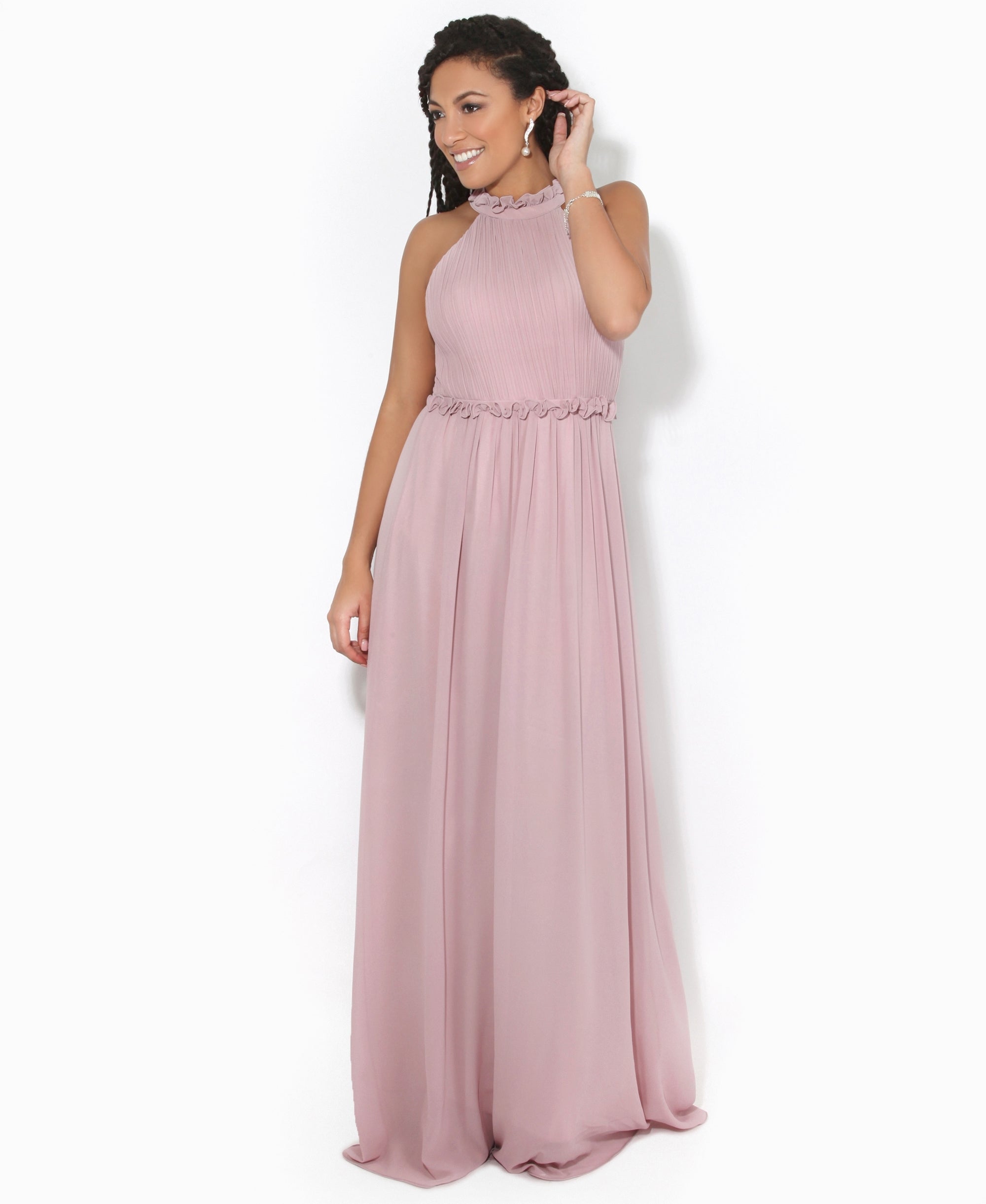 Ruffle Halter Neck Chiffon Maxi Dress Taupe