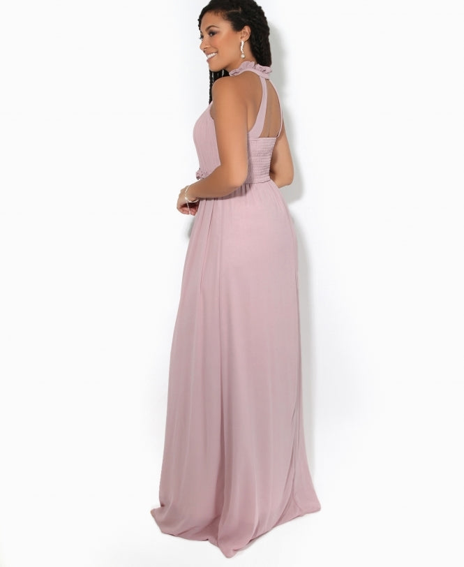 Ruffle Halter Neck Chiffon Maxi Dress Taupe