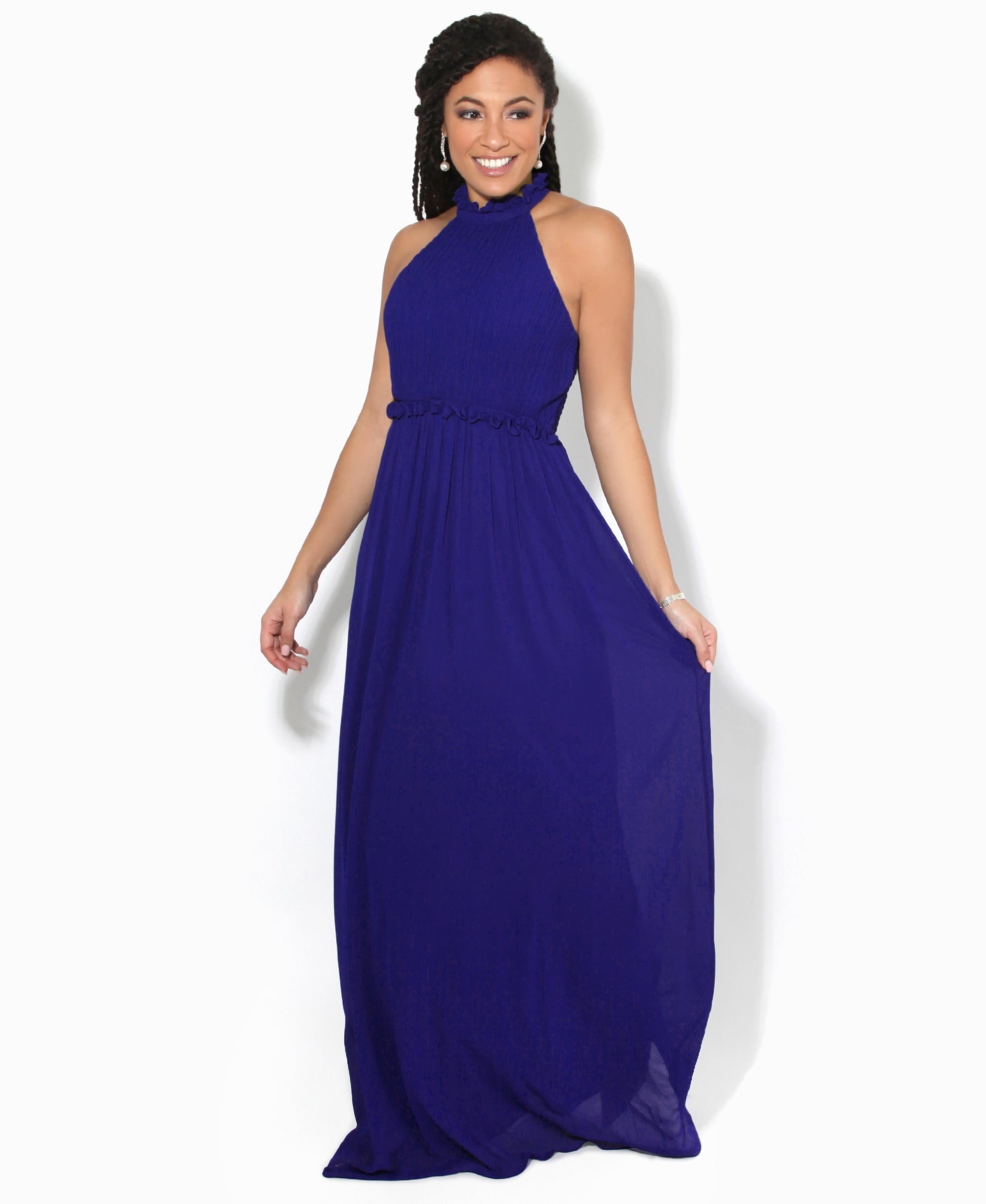 Ruffle Halter Neck Chiffon Maxi Dress Royal Blue