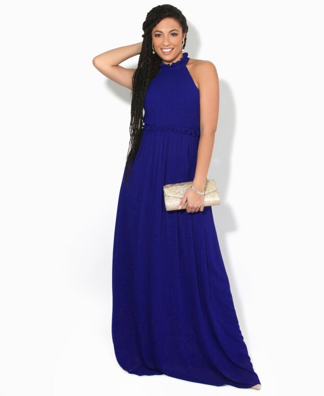 Ruffle Halter Neck Chiffon Maxi Dress Royal Blue