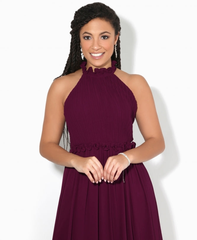 Ruffle Halter Neck Chiffon Maxi Dress Wine