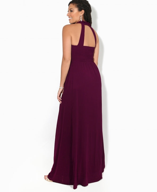 Ruffle Halter Neck Chiffon Maxi Dress Wine