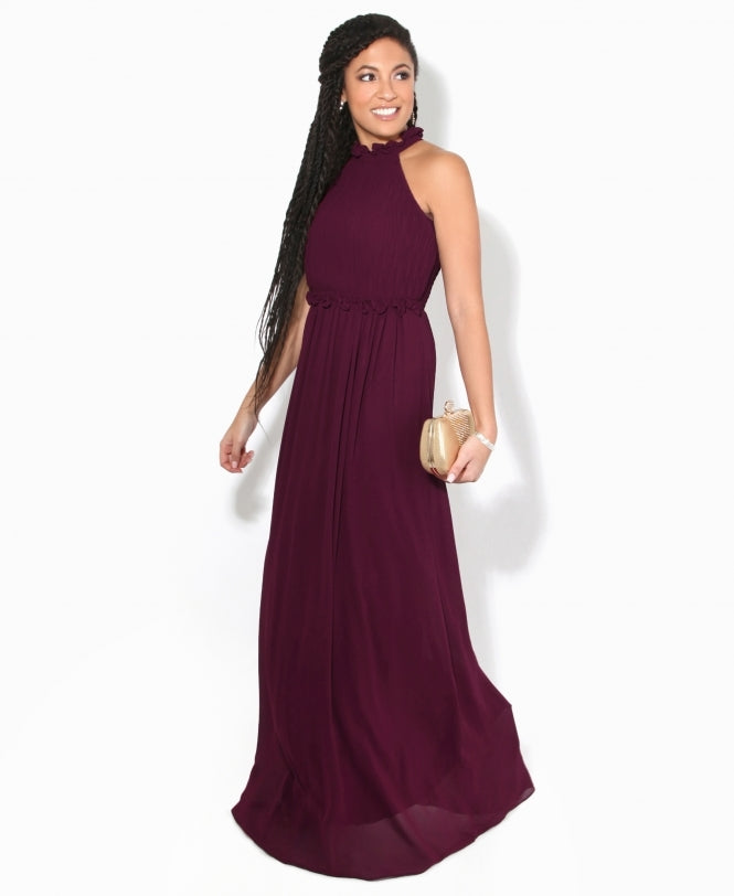 Ruffle Halter Neck Chiffon Maxi Dress Wine