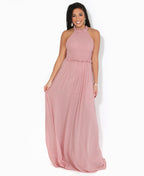 Ruffle Halter Neck Chiffon Maxi Dress Dark Pink