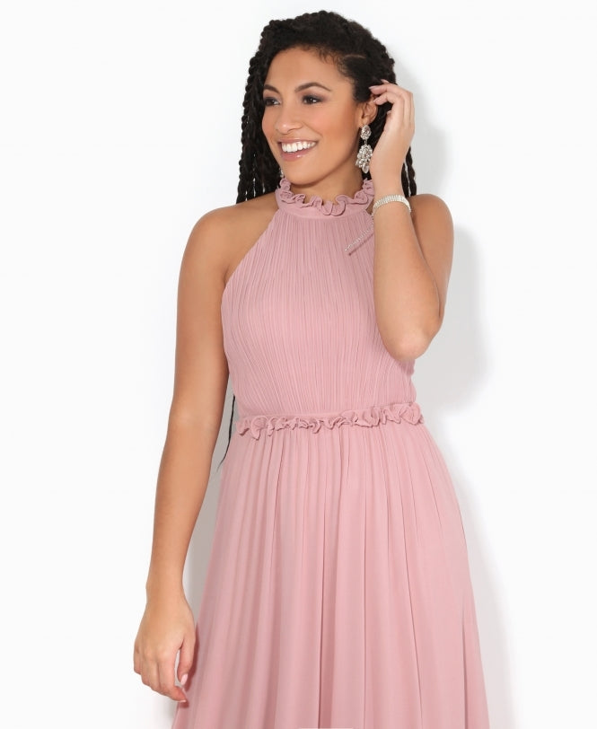 Ruffle Halter Neck Chiffon Maxi Dress Dark Pink