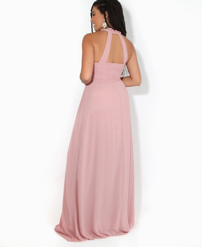 Ruffle Halter Neck Chiffon Maxi Dress Dark Pink