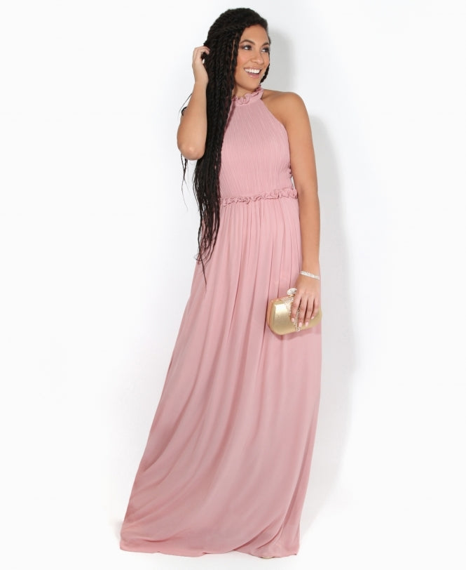 Ruffle Halter Neck Chiffon Maxi Dress Dark Pink