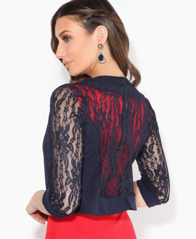 3/4 Sleeve Lace Back Shrug Navy