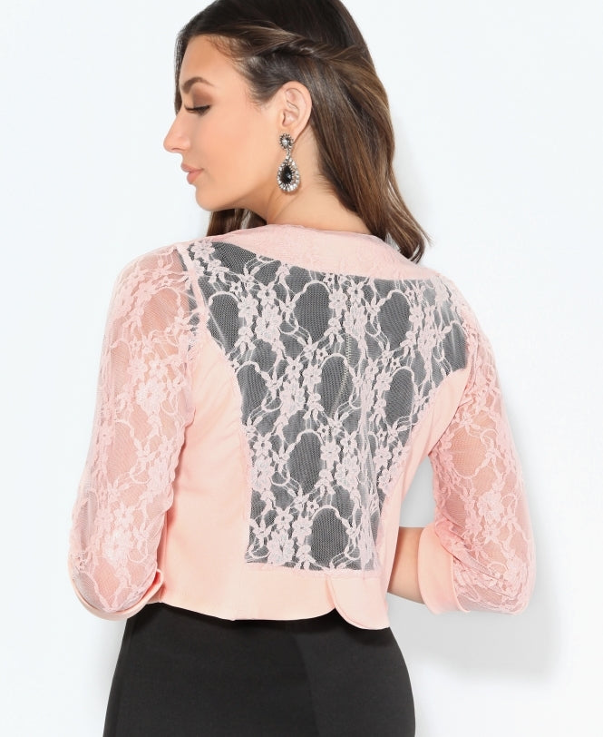 3/4 Sleeve Lace Back Shrug Pink