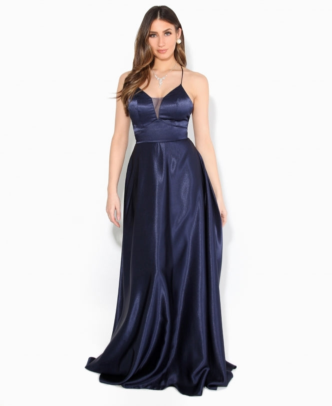 Satin Strappy Evening Maxi Dress Navy