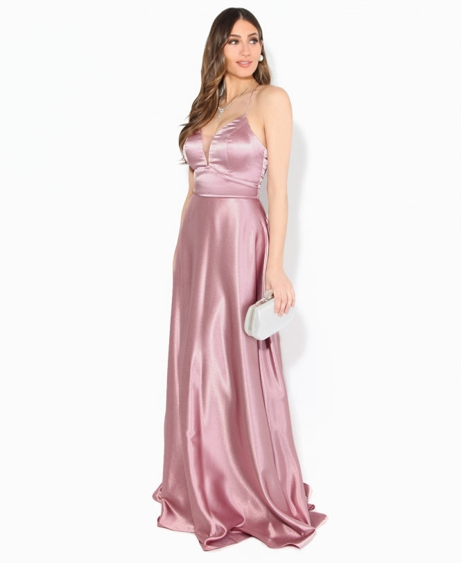 Satin Strappy Evening Maxi Dress Pink