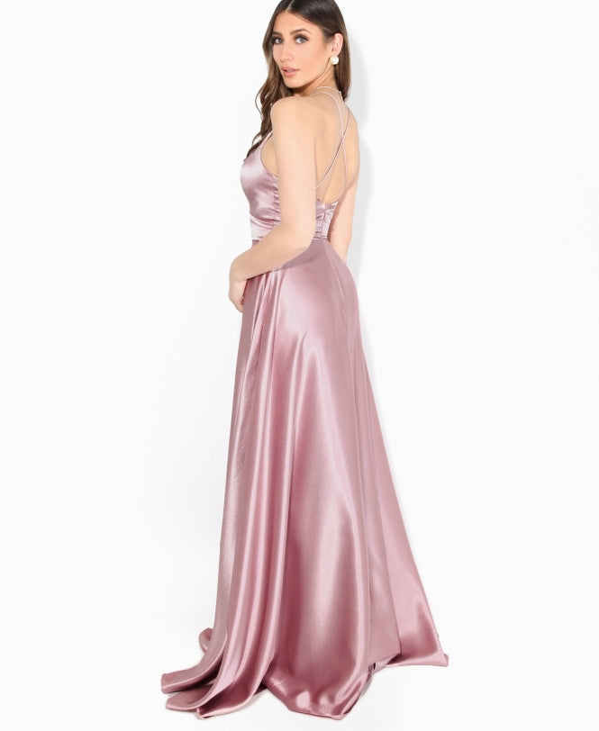 Satin Strappy Evening Maxi Dress Pink