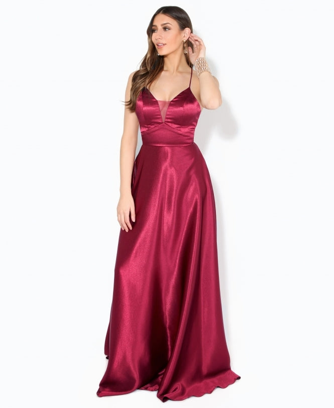 Satin Strappy Evening Maxi Dress Wine