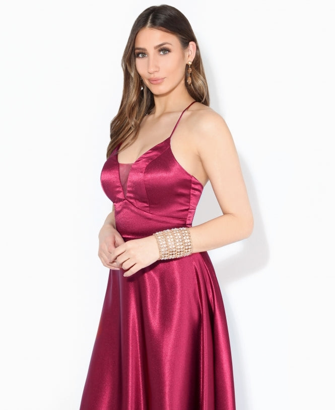 Satin Strappy Evening Maxi Dress Wine