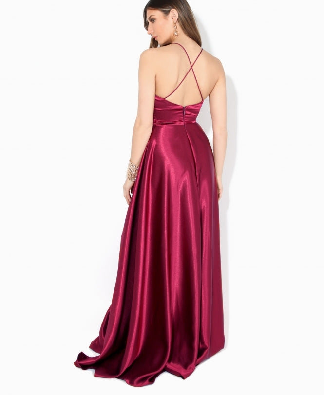 Satin Strappy Evening Maxi Dress Wine