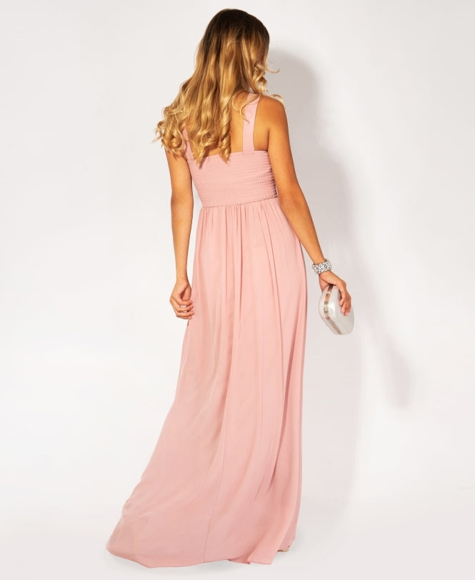Diamante Neck Chiffon Maxi Dress Dark Pink