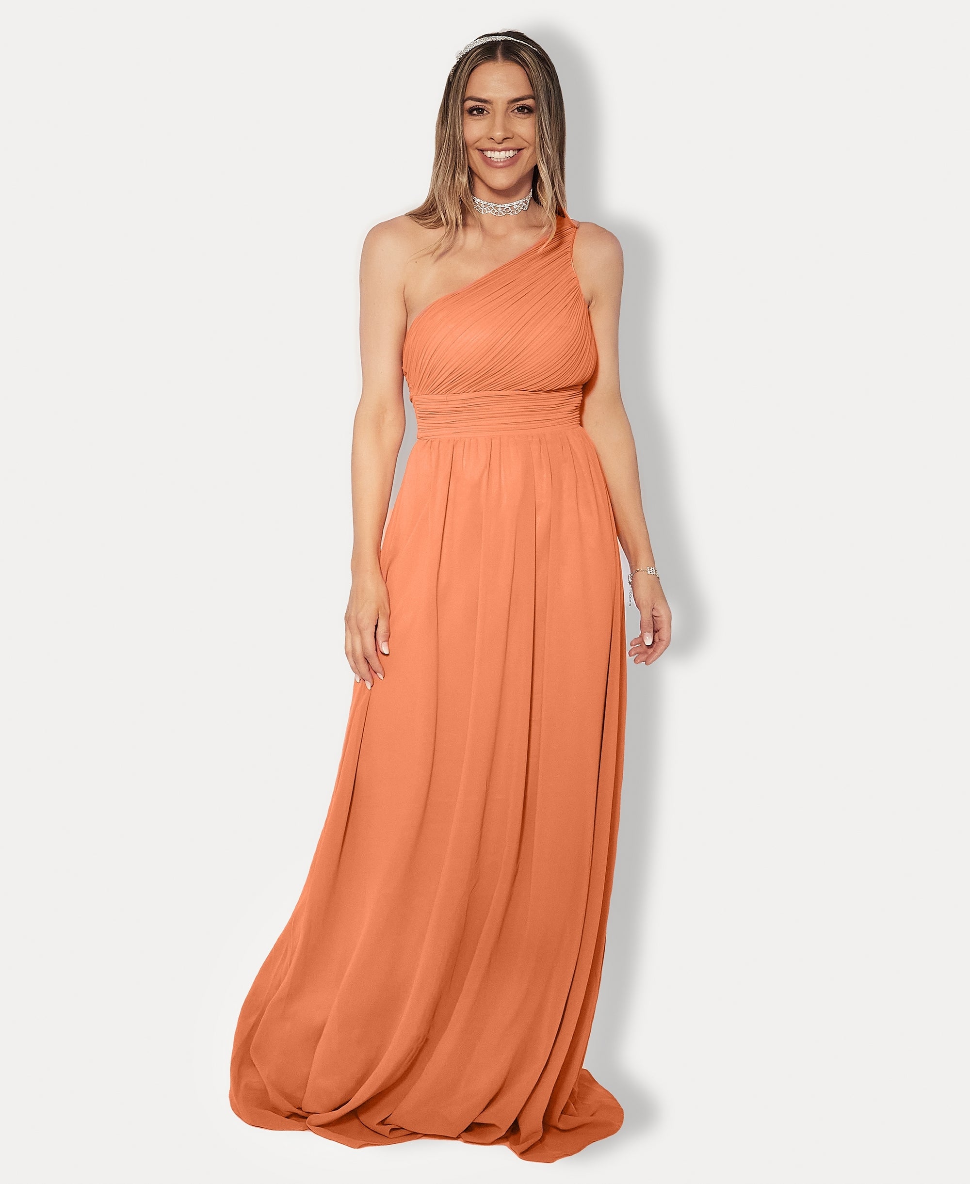 One Shoulder Chiffon Maxi Bridesmaid Dress Burnt Orange