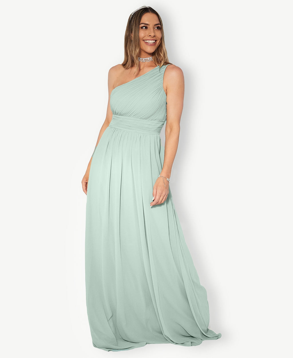 One Shoulder Chiffon Maxi Bridesmaid Dress Sage Green