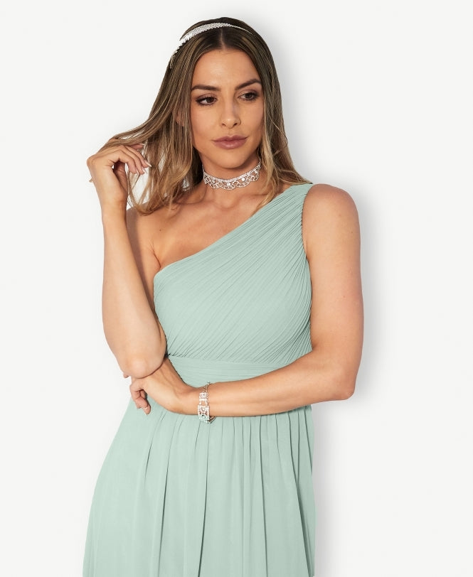 One Shoulder Chiffon Maxi Bridesmaid Dress Sage Green