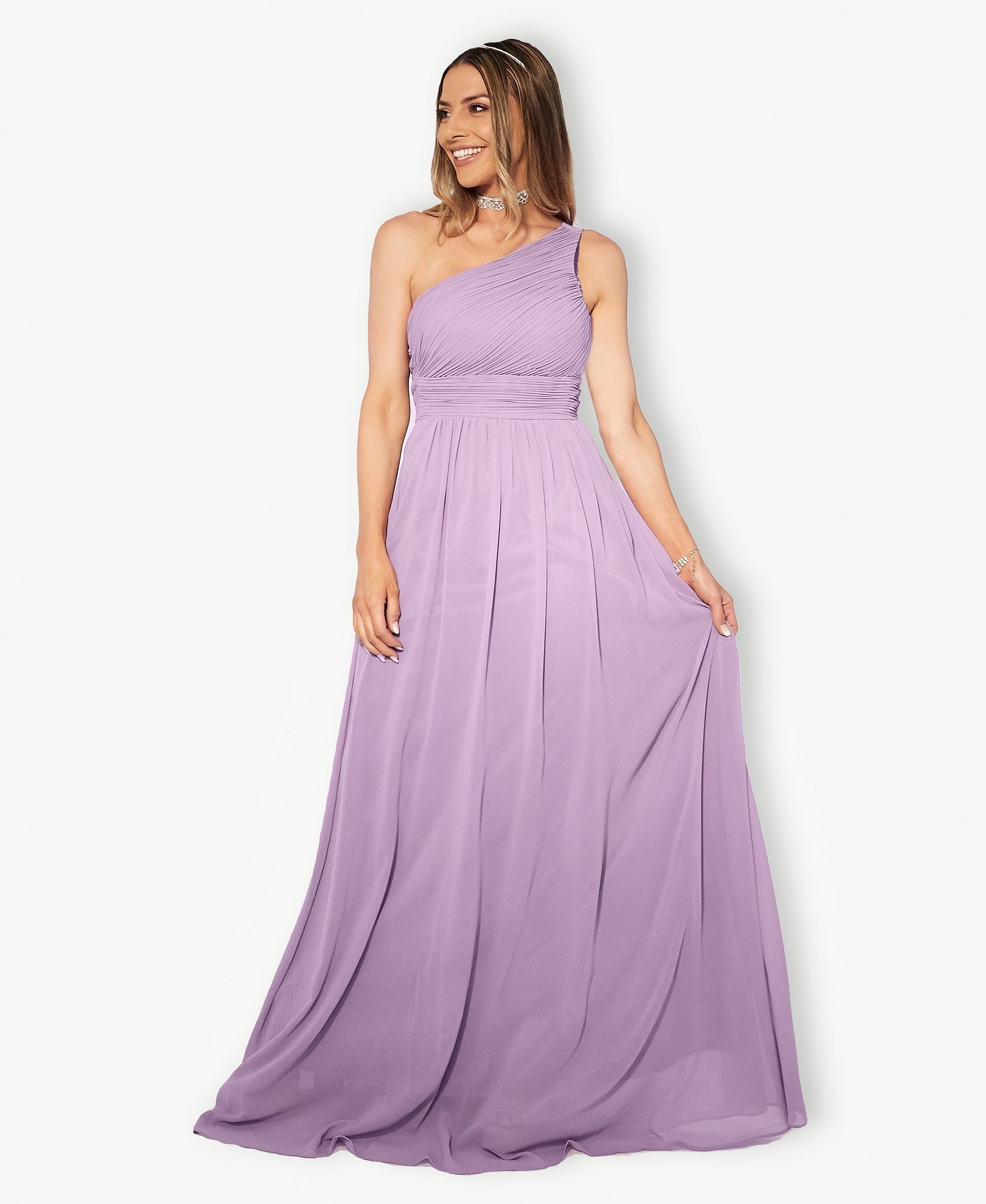 One Shoulder Chiffon Maxi Bridesmaid Dress Lavender Purple