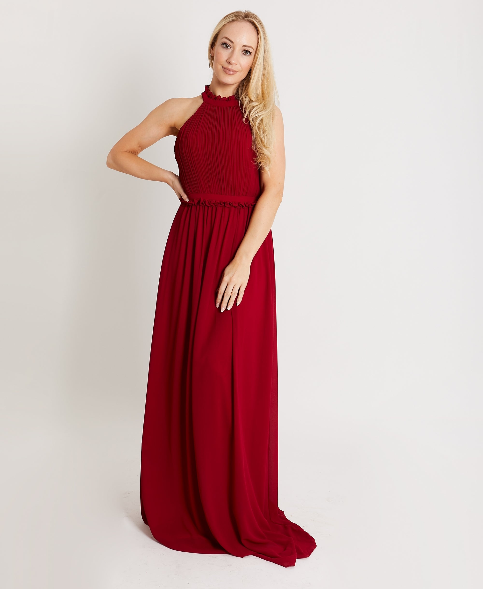 Ruffle Halter Neck Chiffon Maxi Dress Cherry Red