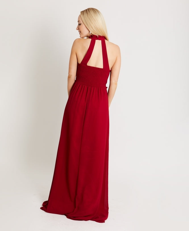 Ruffle Halter Neck Chiffon Maxi Dress Cherry Red
