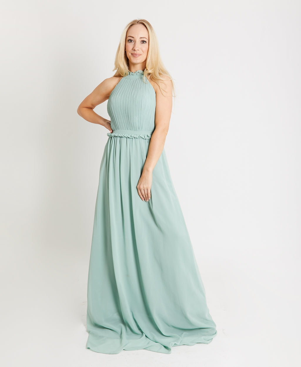 Ruffle Halter Neck Chiffon Maxi Dress Apple Green
