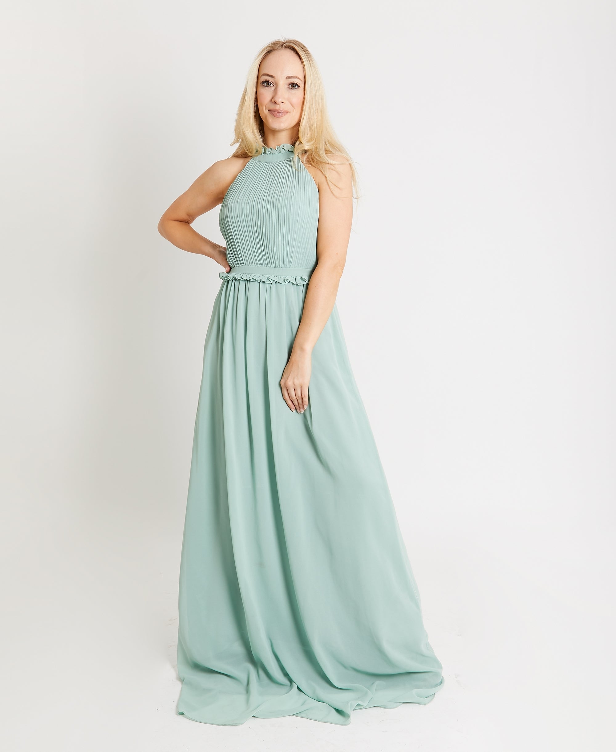 Ruffle Halter Neck Chiffon Maxi Dress Apple Green