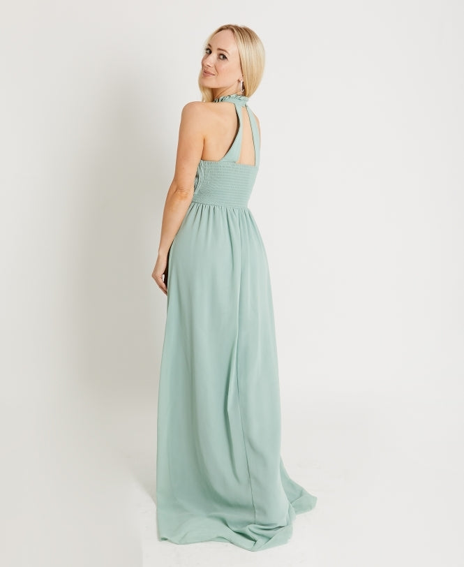 Ruffle Halter Neck Chiffon Maxi Dress Apple Green