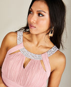 Diamante Neck Chiffon Maxi Dress Dark Pink