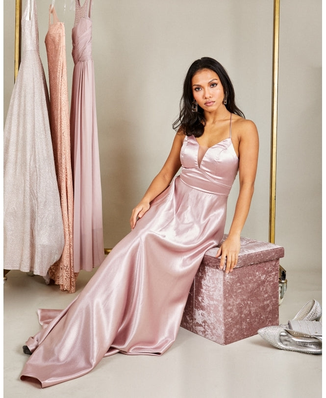 Satin Strappy Evening Maxi Dress Pink