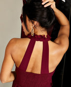 Ruffle Halter Neck Chiffon Maxi Dress Wine