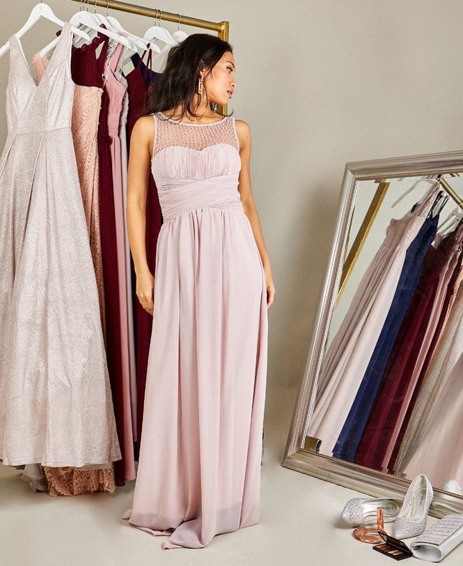 Gem & Mesh Front Chiffon Maxi Dress Taupe